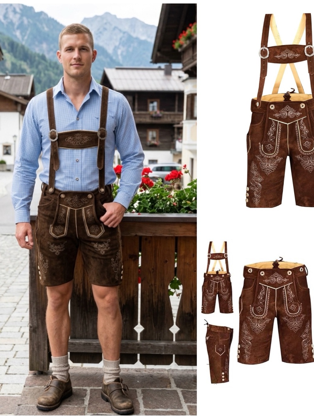 Gaudi-Leathers Traditional Brown Lederhosen Embroidered Suspender Shorts  EU/50